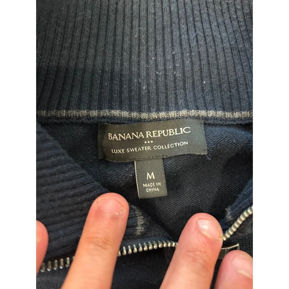Banana‎ Republic Luxe Sweater Mens Medium Navy Blue Grey Full Zip Cardigan Mock